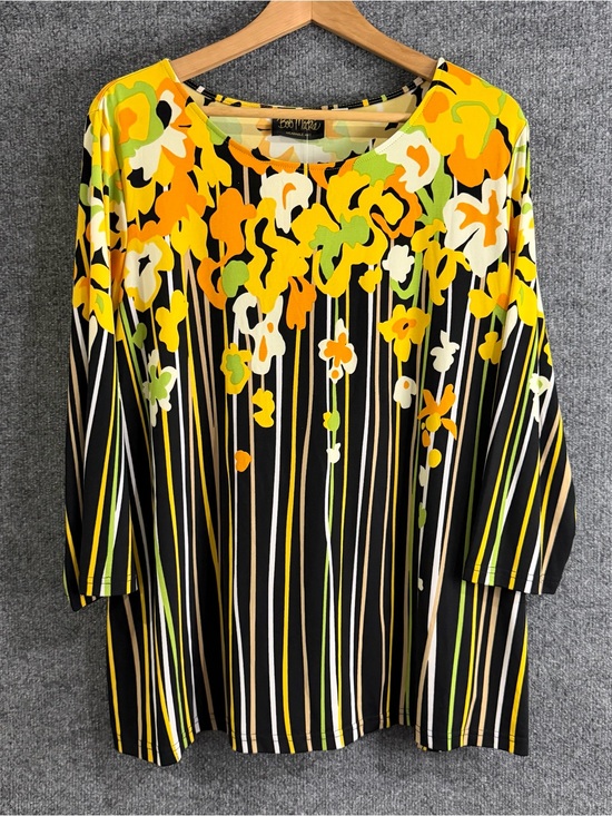 Bob Mackie Tops - Bob Mackie Wearable Art Womens 1X Floral Stripe Tunic Top Yellow 3/4 Sleeve NWT